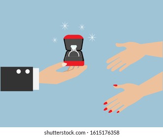 Businessman hand giving diamond ring in box to woman hands. Isolated on light blue background Vector Illustration. Idea for love, wedding, marriage proposal and Valentine's day concept.