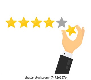 Businessman hand giving five star rating. Vector modern flat style cartoon character illustration.Isolated on white background. Customer review,feedback, reputation,quality concept