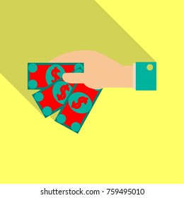 Businessman hand giving give money, making agreement, success in deal. Flat design illustration with shadow.