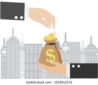 Businessman hand giving gold bag to other businessman hand. Isolated with skyscraper building on white background. Vector Illustration. Idea for politician corruption bribe concept.