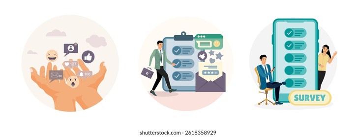 Businessman hand giving speech bubble feedback, opinion to manager. Man with survey on clipboard paper, mobile and email. Man and woman using mobile or smart phone to fill in online survey check list.
