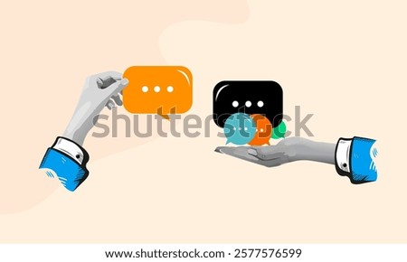 businessman hand giving speech bubble feedback. communication or discussion concept