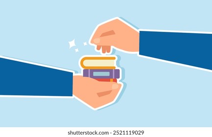 A businessman hand giving a stack of books to another hand, illustrating providing insights, literacy, or guidance for a business or company
