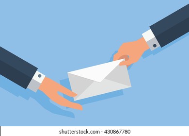 Businessman hand giving white envelop, representing to giving bribe, give money, hiring job, making agreement, success in deal. Flat design illustration with shadow.  