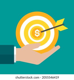 Businessman hand with golden archery money target and arrow. Achieve goals or dreams concept. Dartboard vector illustration. Aim, goal, focus sign.  Goal achieve concept. 