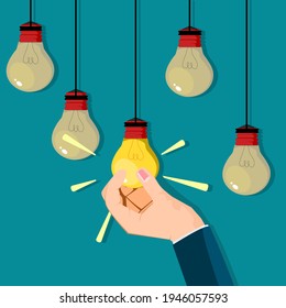 A businessman hand grabs a bright light bulb. Business idea vector