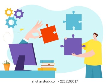 Businessman hand hold business puzzle, teamwork colleague work together problem solution flat vector illustration, isolated on white.