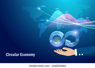 Businessman hand hold circular economy in jigsaw puzzle with analysing growth graph on world map. Sustainable environment strategy of eliminate waste, pollution by reuse and recycle natural resource