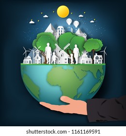 businessman hand hold the family love and relax in the night city on summer, fresh air in the park on the world as nature, healthy, paper art and craft style concept. vector illustration