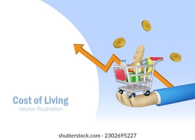 Geschäftsmann Hand halten Lebensmittel im Warenkorb mit hoher Grafik. Wachstum des Lebensmittelpreises. VPI, Verbraucherpreisindex, wirtschaftliche Inflation und Lebenskosten. 3D-Vektorgrafik.