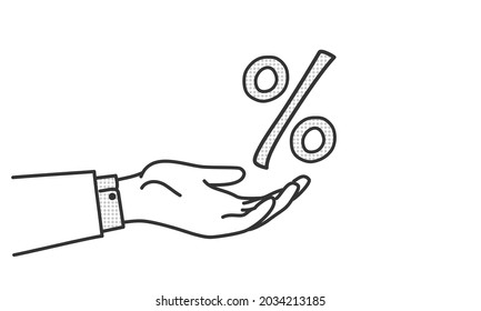 Businessman hand hold is ing a percent sign. Hand drawn vector illustration. Black and white.