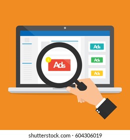 Businessman Hand Hold A Magnifying Glass For Seeing An Advertising On Social Media Website.Vector Illustration Social Ads Digital Marketing Concept.