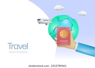 Empresario con pasaporte con avión volador en todo el mundo. Concepto de viajes de negocios y vacaciones. vector 3D