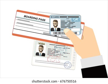 Businessman Hand Hold Passport With Visa Stamp, ID Card And Boarding Pass. Flat Vector Illustration