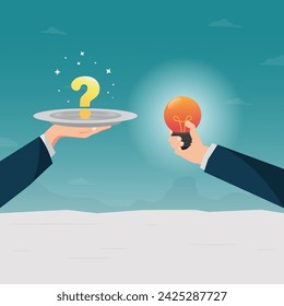 Businessman hand hold plate with question mark and light bulb. Offering problem solving concept