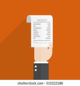 businessman hand hold receipt bill paper flat design on orange background