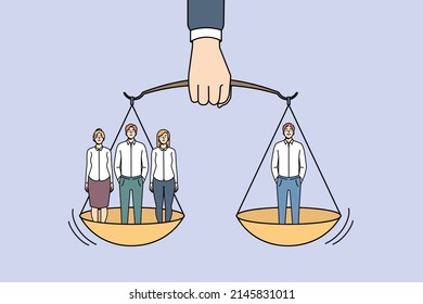 Businessman hand hold scales with one man weight same as group of people. Employees team and separate worker balance on weighs. Inequality of rights and power. Vector illustration. 