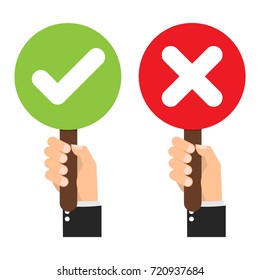 Businessman hand hold signboard Green check mark and red X mark Right and Wrong for feedback. Cartoon flat vector illustration business concept.