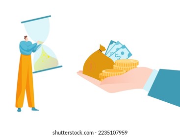 Businessman hand hold stack of money dollar, gold coin, tiny character carry hourglass flat vector illustration, isolated on white.