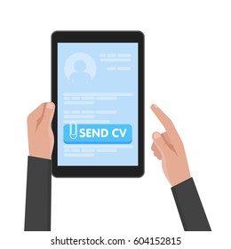 Businessman hand hold tablet computer with resume template. Send cv buttons. Work and job search concept vector illustration.