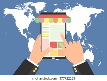 Businessman hand hold tablet mobile phone shopping online store on world map background. E-Commerce online shopping concept. 