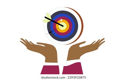 Businessman hand hold target with arrow hit bullseye. Goal or target, focus and concentration to achieve success, purpose or objective, accuracy, challenge and aspiration.