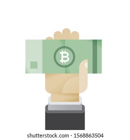 Businessman hand holding abstract electronic crypto currency bitcoin green banknote. Concepts: e-commerce, investment, savings, digital money wallet etc.