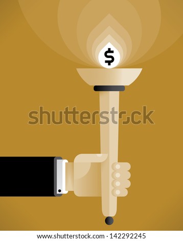 Businessman hand holding abstract torch with lightning dollar symbol. Vintage style illustration. Idea - Business leadership, Business traditions and Success, Relay race of Success concept.