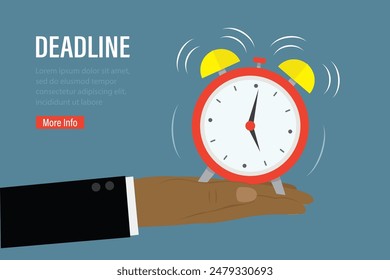 Geschäftsmann Hand hält Wecker. Deadline, Time Management Concept Banner, Ort für Text. Rufuhr. Countdown, Zeitsteuerung, Planung. Geschäftsstrategie. flache Vektorillustration