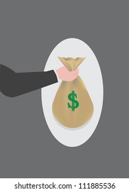 Businessman hand holding a bag of money with green dollar sign in the spotlight