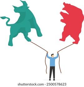 Businessman hand holding balloon bull and bear. Modern vector illustration in flat style

