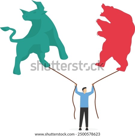 Businessman hand holding balloon bull and bear. Modern vector illustration in flat style

