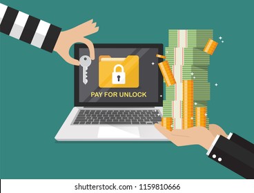 Businessman hand holding banknote for paying the key from hacker for unlock laptop got ransomware malware virus computer. Vector illustration