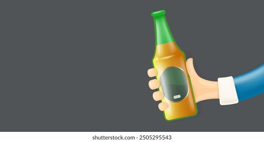 Businessman hand holding beer bottle with golden fresh beer isolated on grey background. Hand holding glass bottle with yellow liquid