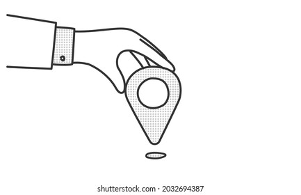 Businessman hand is holding a big pin. Hand drawn vector illustration. Black and white.
