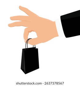 Businessman hand holding black paper shopping bag. Isolated on white background. Vector illustration for e-commerce, retail, online shopping, delivery, or business concept.