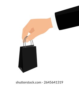 Businessman hand holding black paper shopping bag. Isolated on white background. Vector illustration for e-commerce, retail, online shopping, delivery, or business concept.