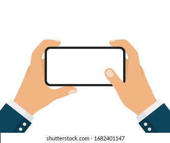 Businessman Hand Holding Black Smartphone And Touching Screen In Horizontal Position Or Landscape Mode.