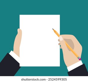 Businessman hand holding blank sheet of paper and pencil. Flat icon modern design style vector illustration concept.