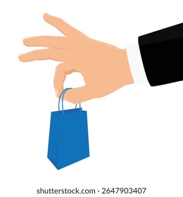 Businessman hand holding blue paper shopping bag. Isolated on white background. Vector illustration for e-commerce, retail, online shopping, delivery, or business concept.