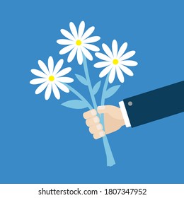Businessman hand holding bouquet of pink chamomile daisy camomile flower set. Cute cartoon man character. Flat design. Isolated. Blue background. Vector illustration