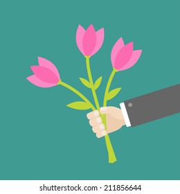 Businessman Hand Holding Bouquet Of Pink Tulip Flowers. Flat Design. Vector Illustration