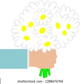 Businessman hand holding bouquet of white daisy flowers. Flat design. Vector illustration 
