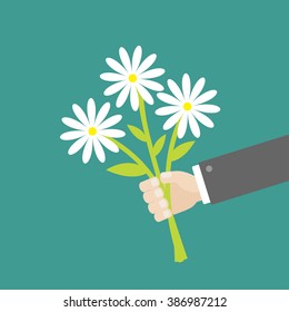 Businessman Hand Holding Bouquet Of White Daisy Flowers. Flat Design. Vector Illustration