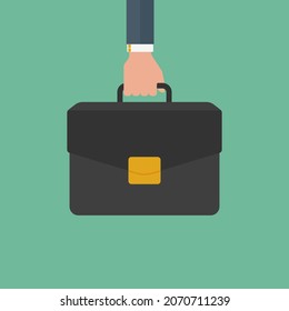 Businessman hand holding briefcase in cartoon style on blue background. Businessman hand holding briefcase, great design for any purposes. Business vector icon.