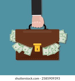 Businessman hand holding briefcase full of cash. Banknotes sticking out of suitcase. Making money, profit, earnings. Financial success, business victory, income.  Corruption, bribery, illegal income.