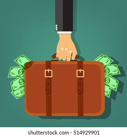 Businessman hand holding briefcase with money - vector illustration