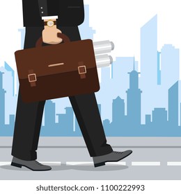 Businessman hand holding briefcase. Vector illustration