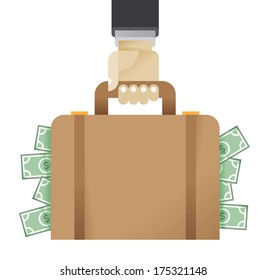 Businessman hand holding business briefcase full of money. With free space on briefcase for your business text. Enjoy!