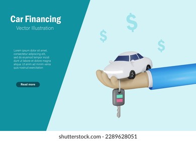 Businessman hand holding car and car key. Automobile financial,  loan, buy new car and car insurance concept. 3D vector.